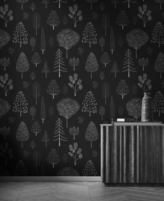 White Tree Sketch on Black Background, Premium Wallpaper